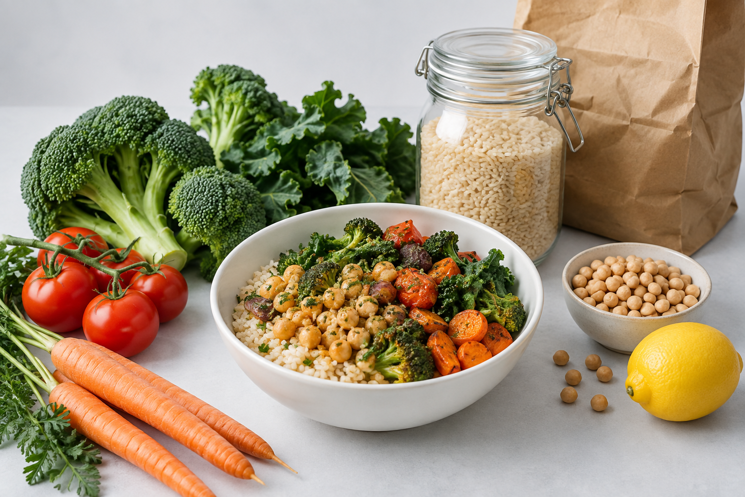 A bowl of rice, chickpeas and vegetables surrounded by everyday pantry ingredients